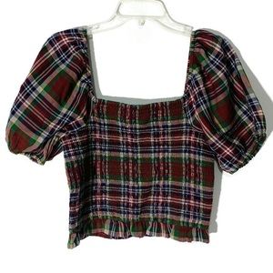 American Eagle Outfitters Smocked Puff-Sleeve Blouse Wine Green White Sz…